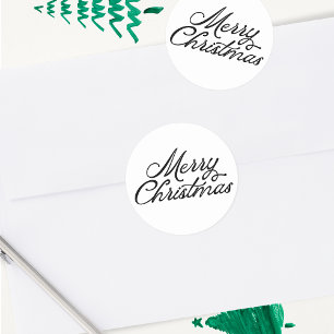 Merry Christmas Lettering Black and White Classic Round Sticker