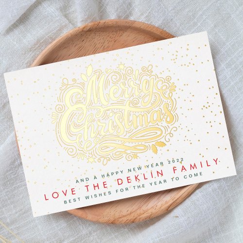 Merry Christmas Lettering Gold Speckle Custom Foil Holiday Card