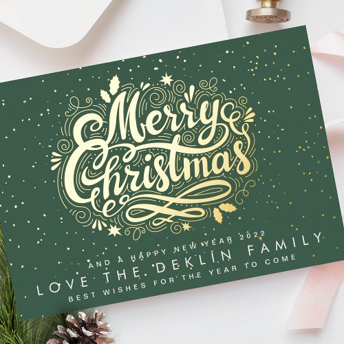 Merry Christmas Lettering Gold Speckle Green Leaf Foil Holiday Card