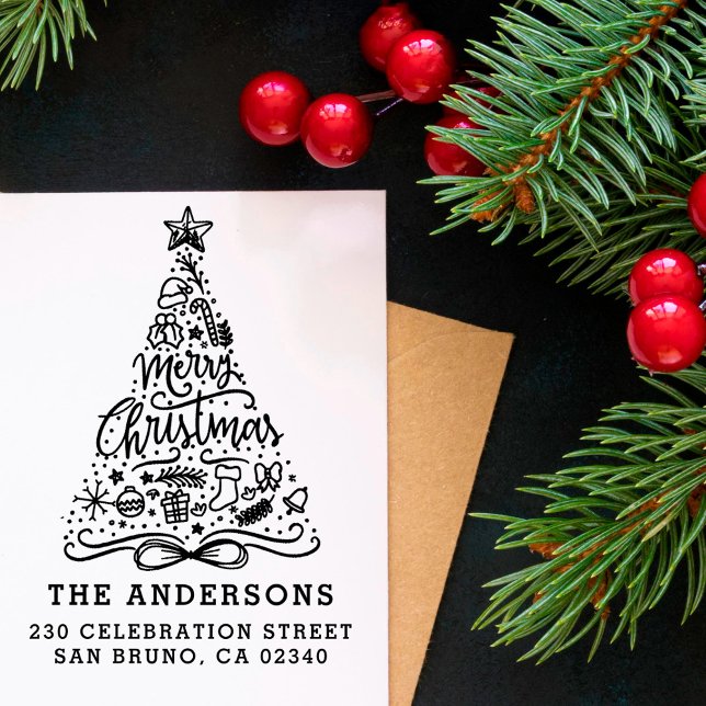 Merry Christmas Lettering Name & Return Address Rubber Stamp (Creator Uploaded)