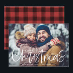 Merry Christmas Lettering Overlay Photo Holiday Card<br><div class="desc">Merry Christmas! Send holiday wishes to family and friends with this photo flat card. It features a hand-lettered script and simple typography. Personalize by adding your favorite photo,  names and greeting. You can change the current red plaid pattern to another photo or any other image.</div>