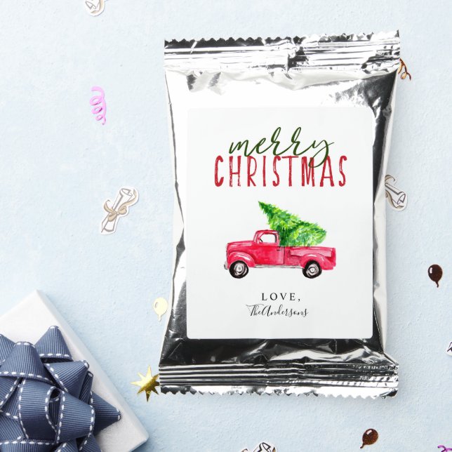 Merry Christmas Lettering Red Pickup Truck Tree Coffee Drink Mix (Packets)