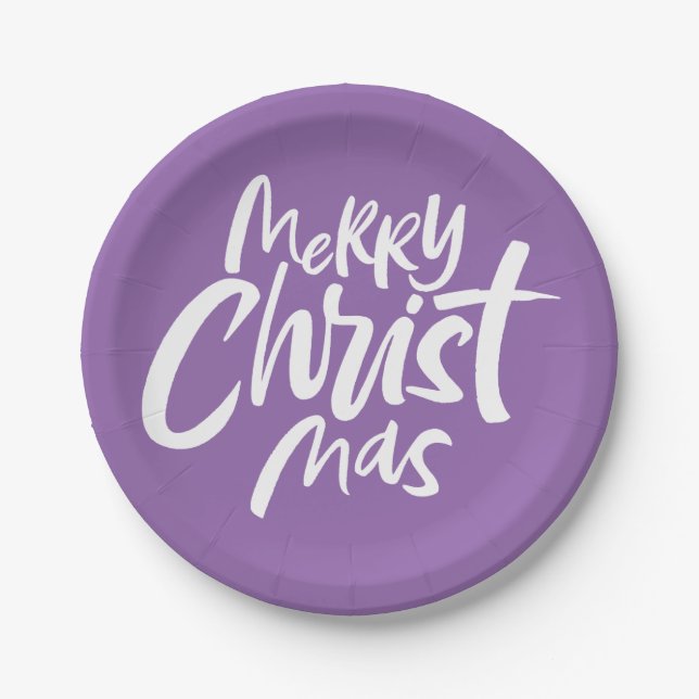 Merry Christmas Lettering Religious Purple Modern Paper Plates (Front)