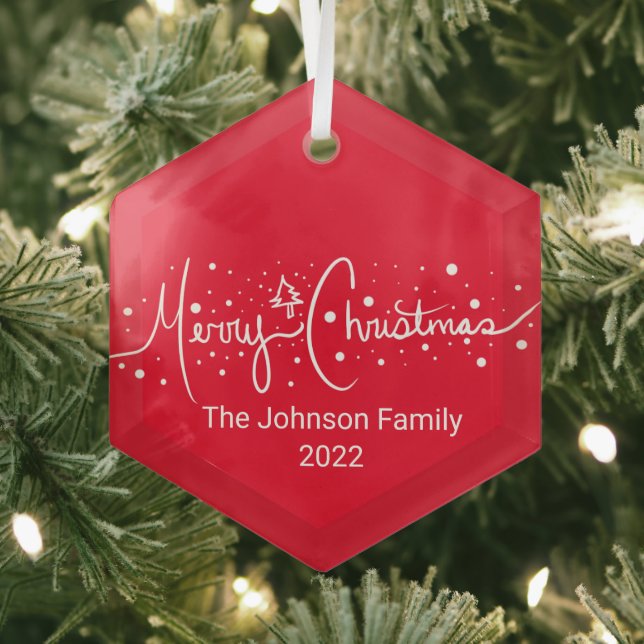 Merry Christmas Lettering Snow Snowflakes Glass Ornament (Insitu)
