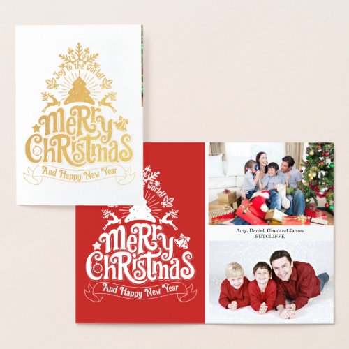 Merry Christmas lettering typography family photo Foil Card
