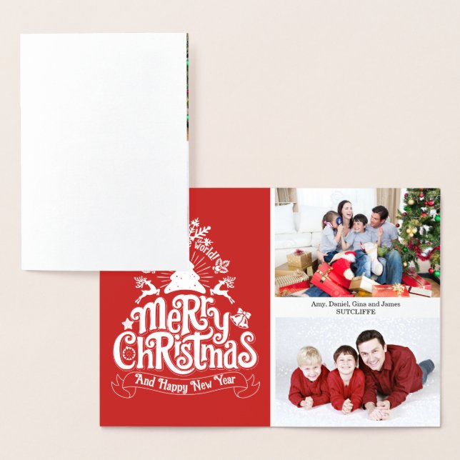 Merry Christmas lettering typography family photo Foil Card (Display)