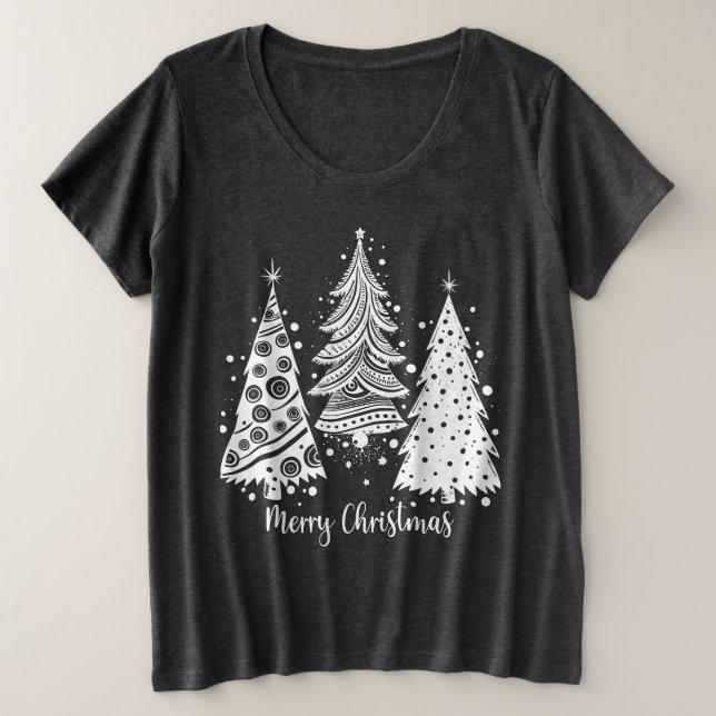 Merry Christmas Lettering with Christmas Trees Plus Size T-Shirt (Design Front)