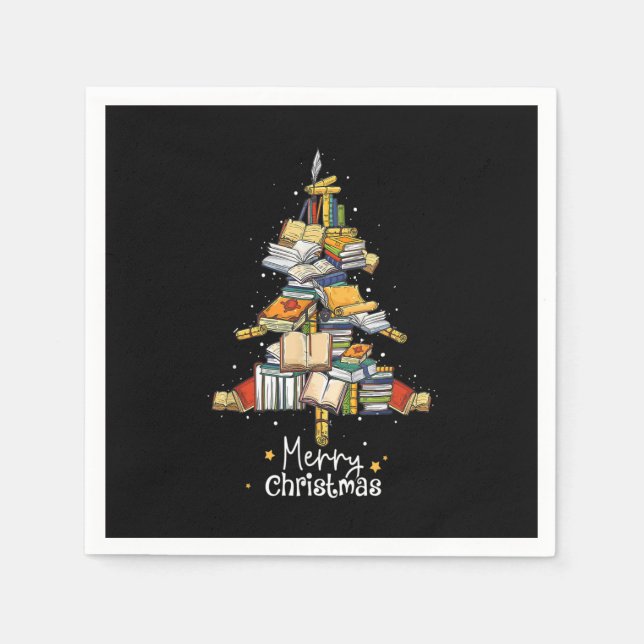 Merry Christmas Library Tree Cute Book Lover Libra Napkins (Front)