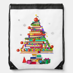 Merry Christmas Library Tree Drawstring Bag