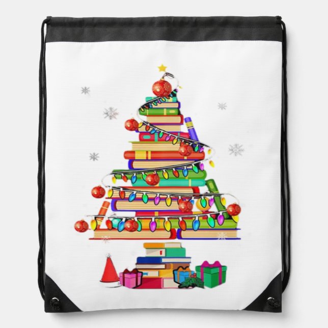 Merry Christmas Library Tree Drawstring Bag (Front)
