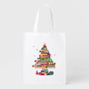 Merry Christmas Library Tree Grocery Bag