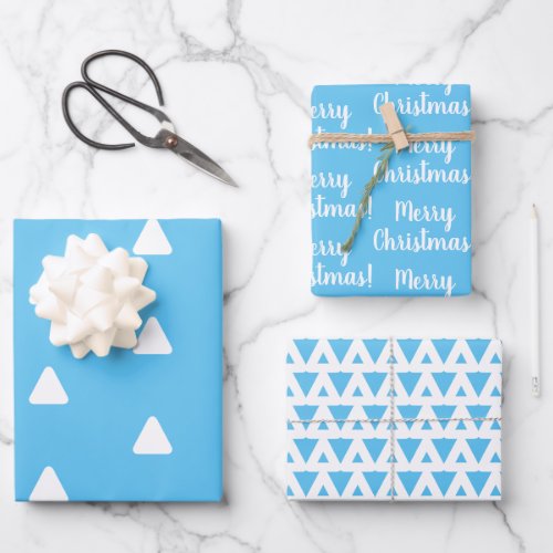Merry Christmas Light Blue Triangle  Wrapping Paper Sheets