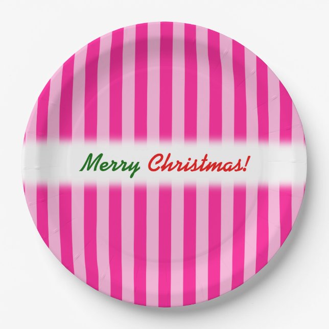 "Merry Christmas!"; Light Pink & Deep Pink Stripes Paper Plates (Front)