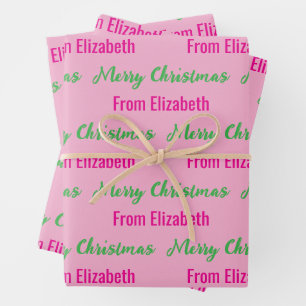 Merry Christmas Light Pink & Hot Pink Script Name Wrapping Paper Sheets