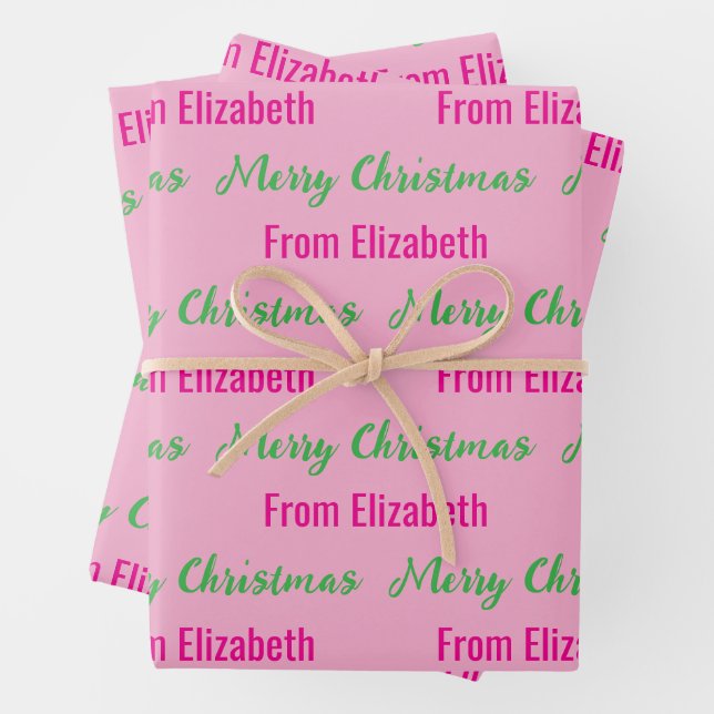 Merry Christmas Light Pink & Hot Pink Script Name Wrapping Paper Sheets (In situ)