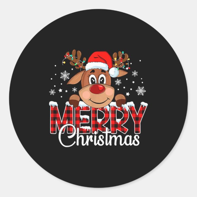Merry Christmas Light Reindeer Xmas Matching Famil Classic Round Sticker (Front)