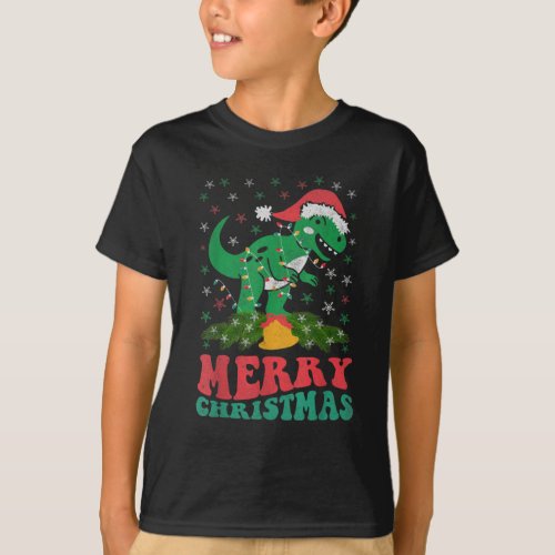 Merry Christmas Light Santa Dinosaur Hat Xmas T_Shirt