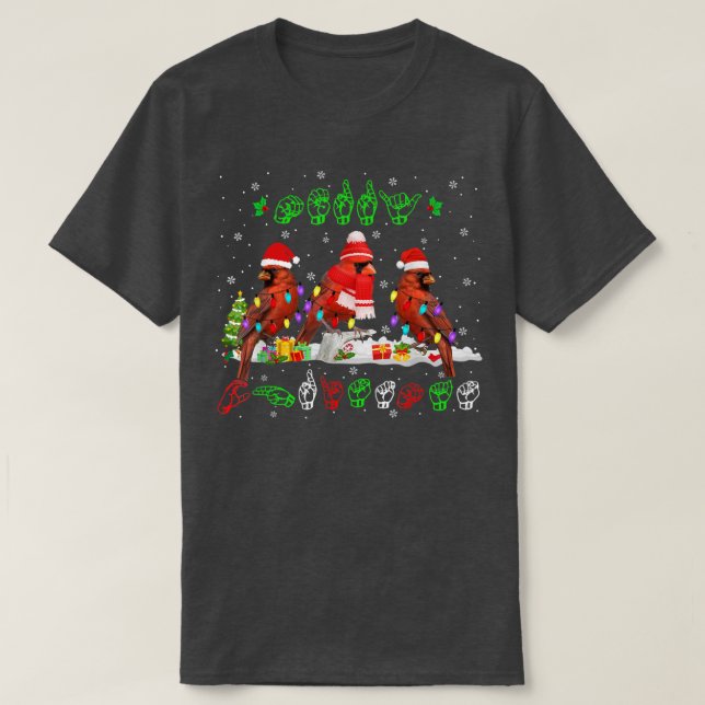 Merry Christmas Lights Cardinal Bird ASL Sign Lang T-Shirt (Design Front)