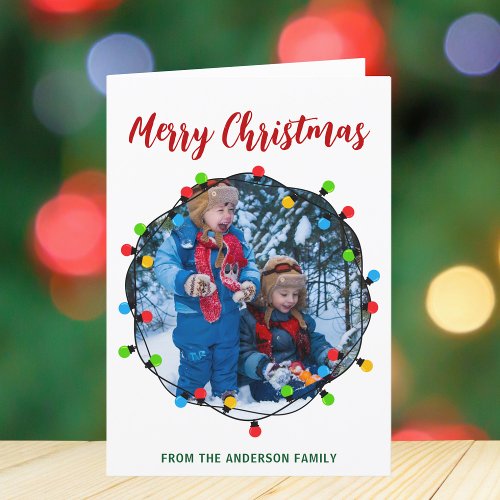 Merry Christmas Lights Circle Photo Cute Festive Holiday Card