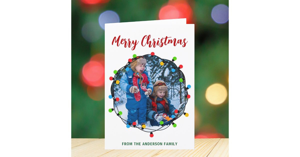 Merry Christmas Lights Circle Photo Cute Festive Holiday Card | Zazzle