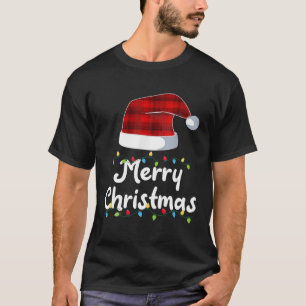 Merry Christmas Lights Cute Red Plaid Santas Hat F T-Shirt