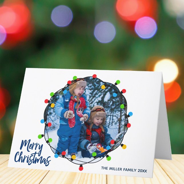 Merry Christmas Lights Family Photo Cute Modern Holiday Card (Creator Uploaded)
