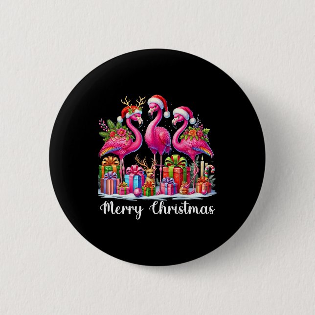 Merry Christmas Lights Flamingo Santa Hat Snow Xma Button (Front)