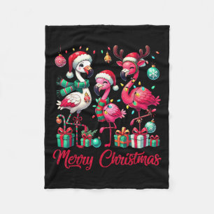 Merry Christmas Lights Flamingo Santa Hat Snow Xma Fleece Blanket