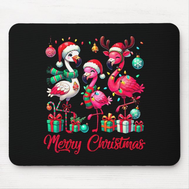 Merry Christmas Lights Flamingo Santa Hat Snow Xma Mouse Pad (Front)