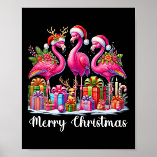 Merry Christmas Lights Flamingo Santa Hat Snow Xma Poster