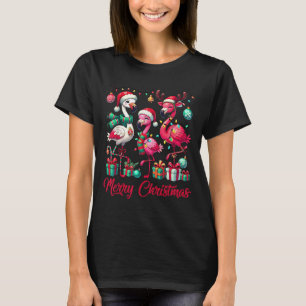 Merry Christmas Lights Flamingo Santa Hat Snow Xma T-Shirt