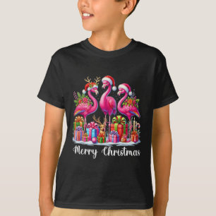 Merry Christmas Lights Flamingo Santa Hat Snow Xma T-Shirt