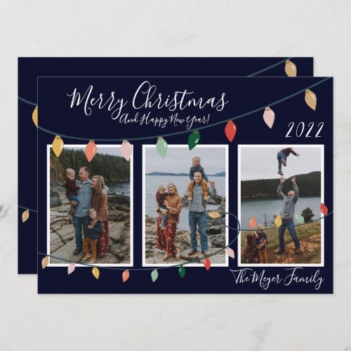 Merry Christmas Lights Midnight Blue Photo Holiday Card