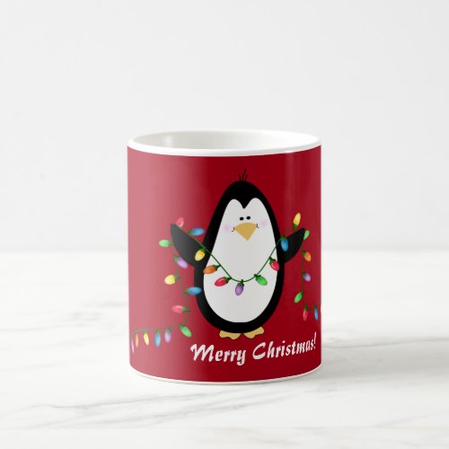 Merry Christmas Lights Penguin Holiday Mug