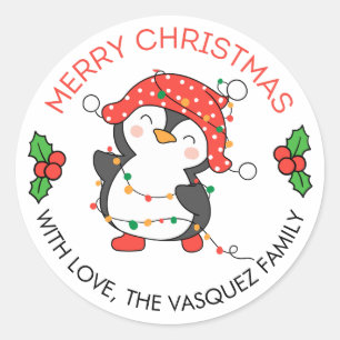 Merry Christmas Lights Penguin Stickers  Labels