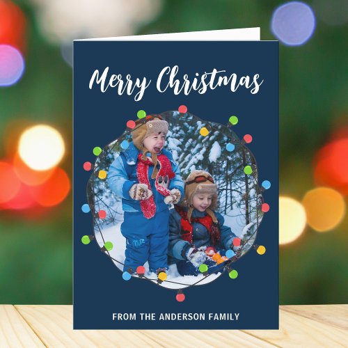 Merry Christmas Lights Photo Cute Navy Blue Winter Holiday Card