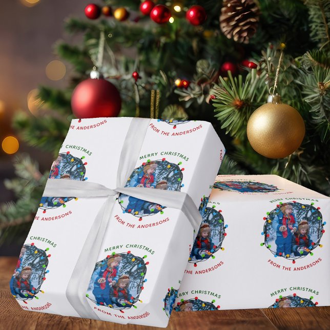 Merry Christmas Lights Photo Red Green Custom Wrapping Paper (Creator Uploaded)