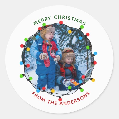 Merry Christmas Lights Photo Red Green From Classic Round Sticker