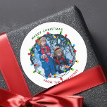 Merry Christmas Lights Photo Red Green From Classic Round Sticker<br><div class="desc">This cute Merry Christmas family photo from sticker features a bright,  beautiful strand of Xmas lights framing your kids photograph in a festive circle. Customize your own message in red and green for a colorful holiday gift wrapping accessory.</div>