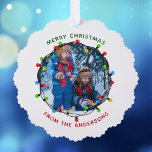 Merry Christmas Lights Photo Red Green From Family Ornament Card<br><div class="desc">This cute Merry Christmas family photo gift tag ornament card features a bright,  beautiful strand of Xmas lights framing your kids photograph in a festive circle. Customize your own message in red and green for a colorful holiday gift wrapping accessory.</div>