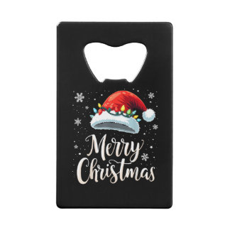 Merry Christmas Lights Red Santa Hat Tree Family Credit Card Bottle Opener
