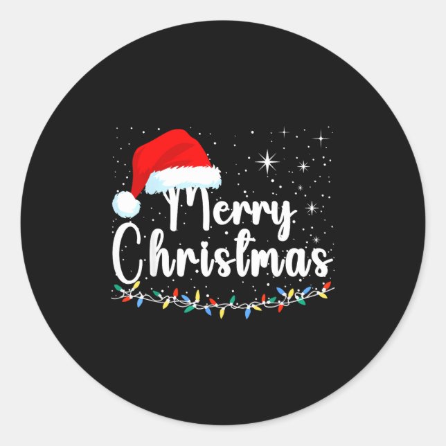 Merry Christmas Lights Red Santa Hat Xmas Family M Classic Round Sticker (Front)
