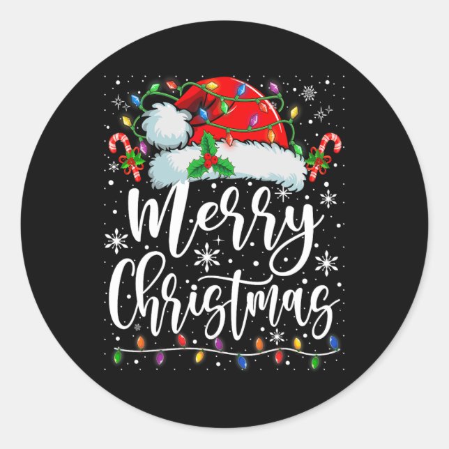 Merry Christmas Lights Red Santa Hat Xmas Family M Classic Round Sticker (Front)
