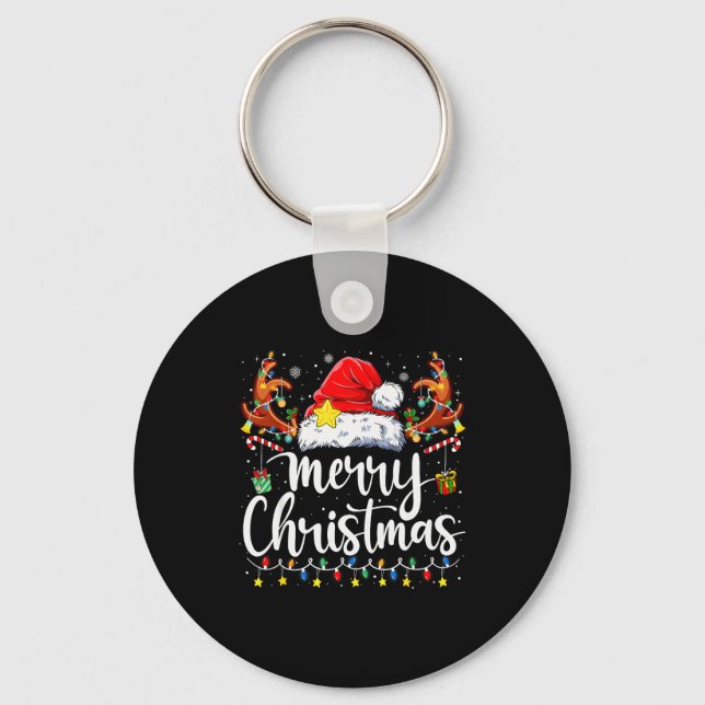 Merry Christmas Lights Red Santa Hat Xmas Family M Keychain (Front)