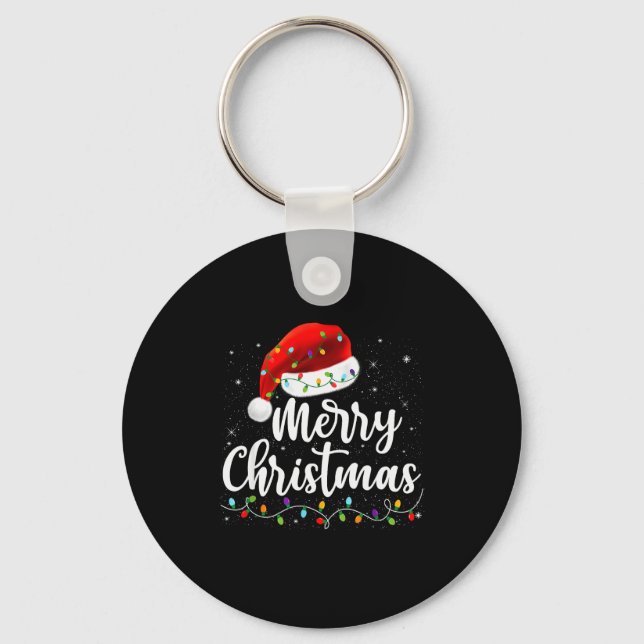 Merry Christmas Lights Red Santa Hat Xmas Family M Keychain (Front)
