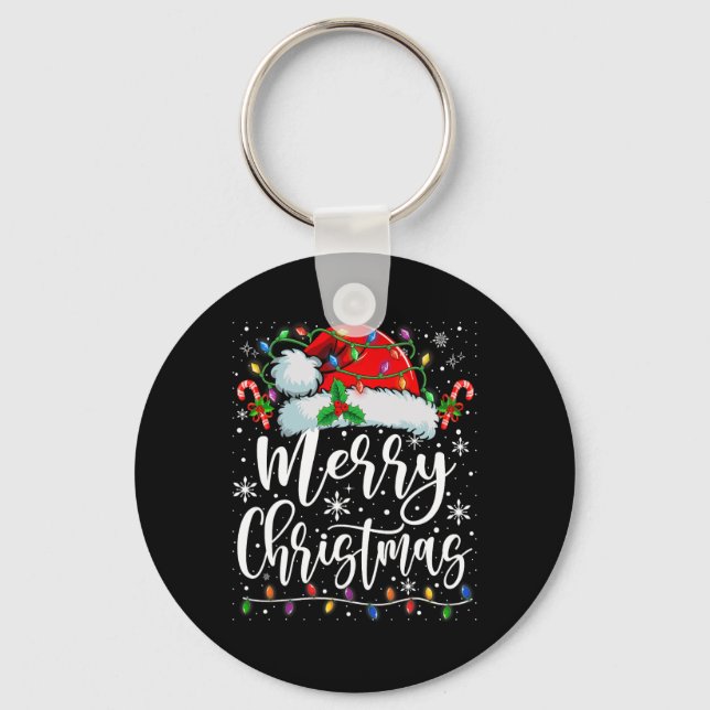 Merry Christmas Lights Red Santa Hat Xmas Family M Keychain (Front)