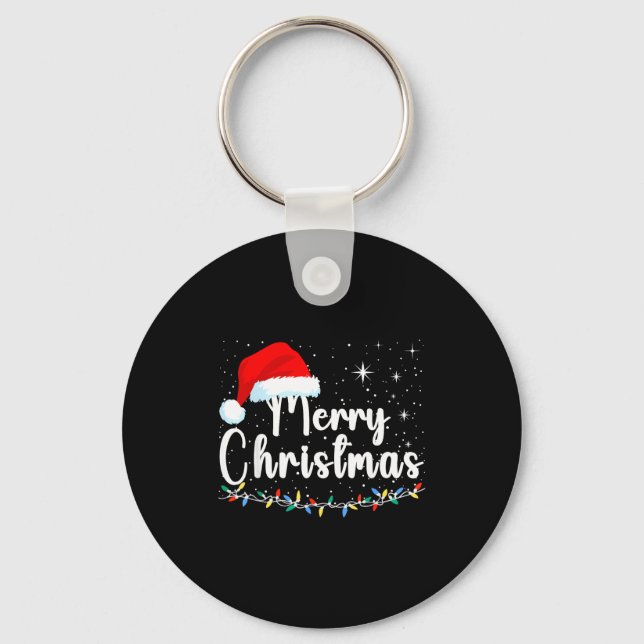 Merry Christmas Lights Red Santa Hat Xmas Family M Keychain (Front)