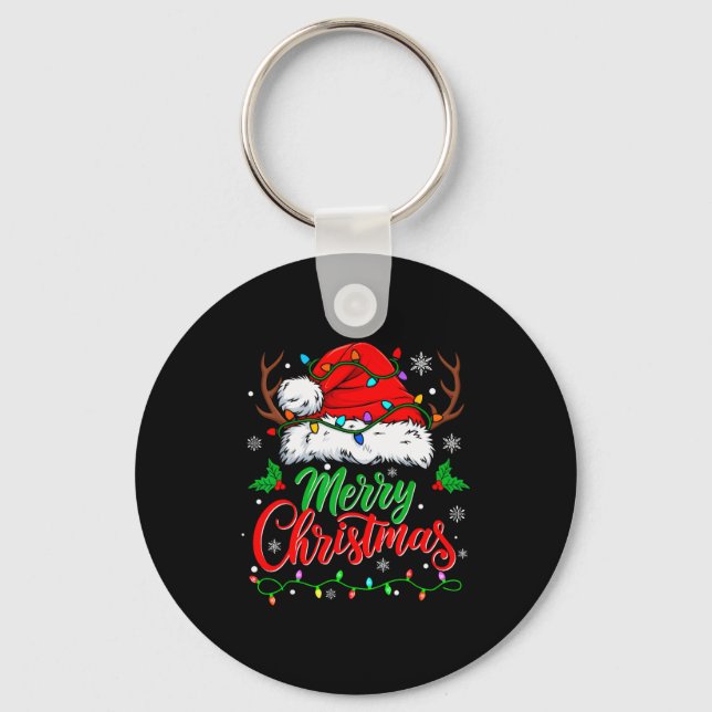 Merry Christmas Lights Red Santa Hat Xmas Family M Keychain (Front)