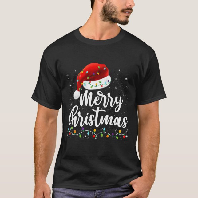 Merry Christmas Lights Red Santa Hat Xmas Family M T-Shirt (Front)
