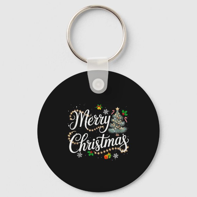 Merry Christmas Lights Red Santa Hat Xmas Men Wome Keychain (Front)